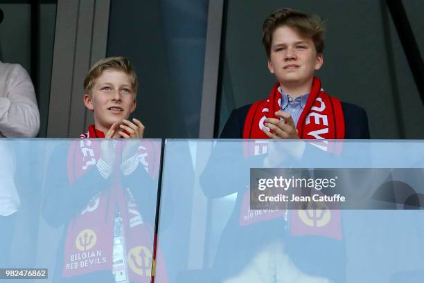 Prince Emmanuel of Belgium and Prince Gabriel of Belgium attend the 2018 FIFA World Cup Russia group G match between Belgium and Tunisia at Spartak...