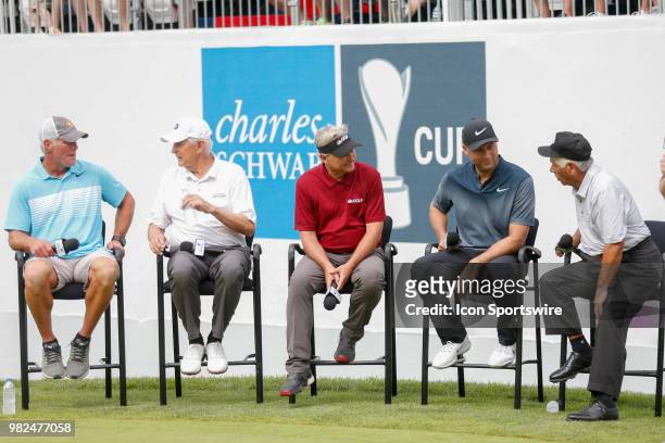 Bret Favre, Andy North, John Cook, Derek Jeter, and Lee Travino during the American Family Insurance Championship Champions Tour golf tournament on...
