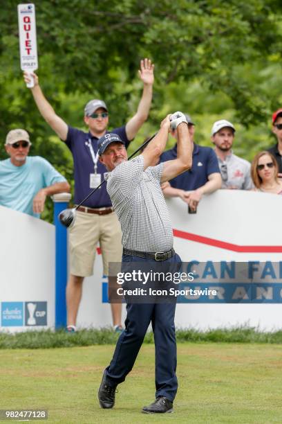 Jerry Kelly tees off on eighteen during the American Family Insurance Championship Champions Tour golf tournament on June 23, 2018 at University...