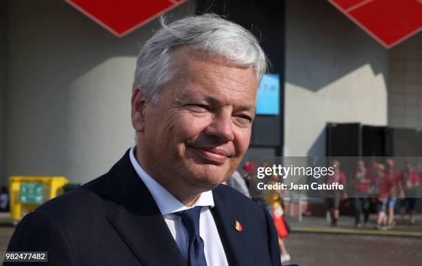 Vice Prime Minister of Belgium Didier Reynders answers to an interview following the 2018 FIFA World Cup Russia group G match between Belgium and...