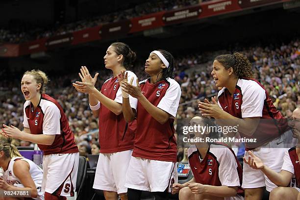 The Stanford Cardinal bench reacts in a 73-66 win against the Oklahoma Sooners during the Women's Final Four Semifinals at the Alamodome on April 4,...