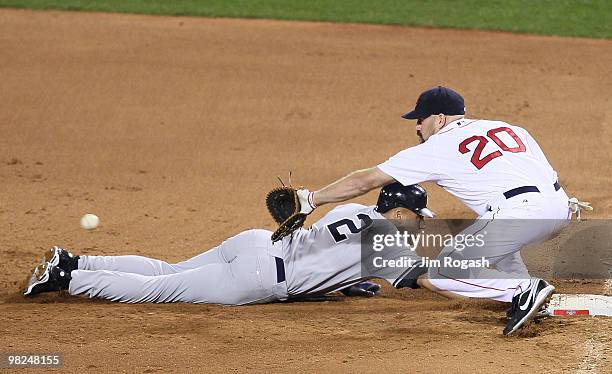 Kevin Youkilis of the Boston Red Sox fields a late throw as Derek Jeter of the New York Yankees slides safely back to first on Opening Night at...