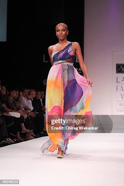 Model walks the runway in an Satya Paul design at the Lakme India Fashion Week Day 4 held at Grand Hyatt Hotel on March 8, 2010 in Mumbai, India.