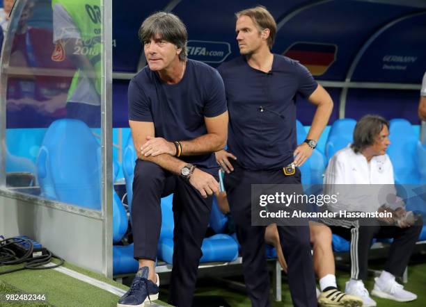 Joachim Loew, head coach of Germany looks with his assistent coach Thomas Schneider during the 2018 FIFA World Cup Russia group F match between...