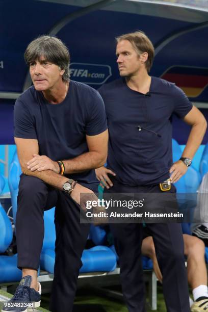 Joachim Loew, head coach of Germany looks with his assistent coach Thomas Schneider during the 2018 FIFA World Cup Russia group F match between...