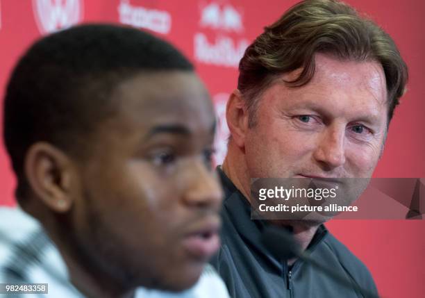 Ademola Lookman , new addition to the German Bundesliga team RB Leipzig, and Leipzig's coach, Ralph Hasenhuettl, attending a press conference in...