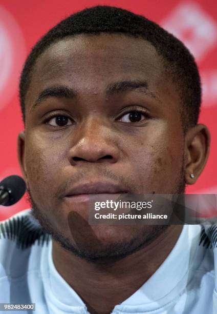 Ademola Lookman, new addition to the German Bundesliga team RB Leipzig, speaking at a press conference in Leipzig, Germany, 02 Febuary 2018. Photo:...