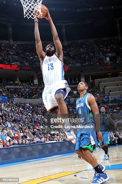 James Harden of the Oklahoma City Thunder goes up to dunk the ball on Ryan Gomes of the Minnesota Timberwolves on April 4, 2010 at the Ford Center in...