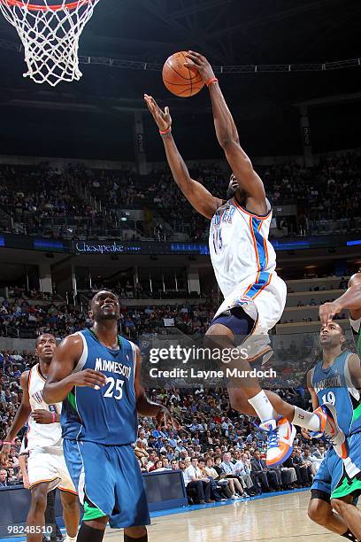 James Harden of the Oklahoma City Thunder goes to the basket against Al Jefferson of the Minnesota Timberwolves on April 4, 2010 at the Ford Center...