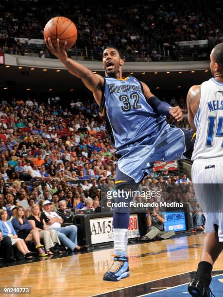 Mayo of the Memphis Grizzlies takes the ball to the basket against the Orlando Magic during the game on April 4, 2010 at Amway Arena in Orlando,...
