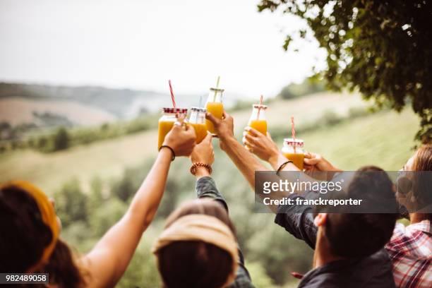 vrienden juichen oranje sappen buitenshuis saamhorigheid - vruchtensap stockfoto's en -beelden