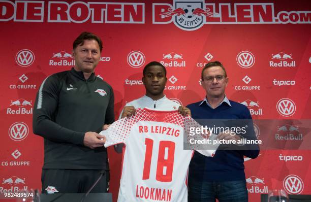 Leipzig's coach, Ralph Hasenhuettl , Ademola Lookman, new addition to the German Bundesliga team RB Leipzig, and Leipzig's sports director, Ralf...