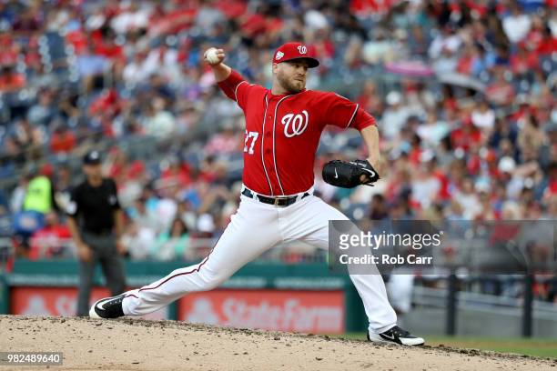 Pitcher Shawn Kelley of the Washington Nationals throws to a Philadelphia Phillies batter at Nationals Park on June 23, 2018 in Washington, DC.