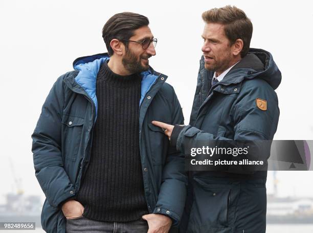 The Lebanese-Swedish actor Fares Fares and the Danish actor Nikolaj Lie Kaas standing during a shooting break on the film set of "Verachtung" in...