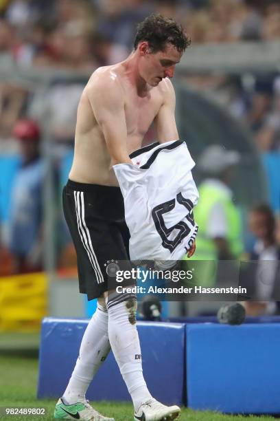 Sebastian Rudy of Germany leaves the pitch following an injury during the 2018 FIFA World Cup Russia group F match between Germany and Sweden at...