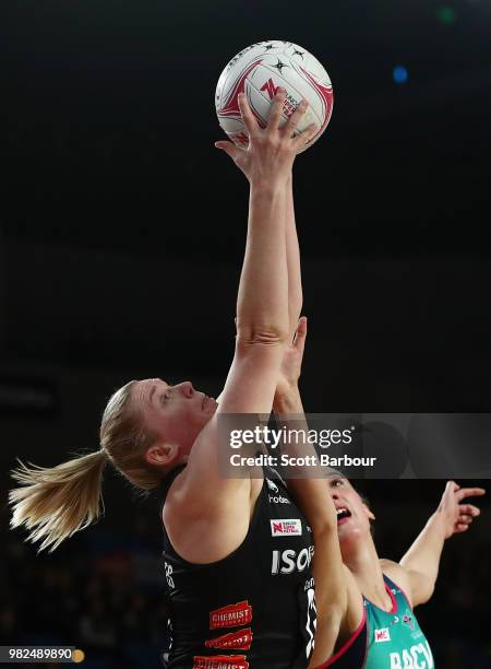 Caitlin Thwaites of the Magpies competes for the ball during the round eight Super Netball match between Magpies and the Vixens at Margaret Court...