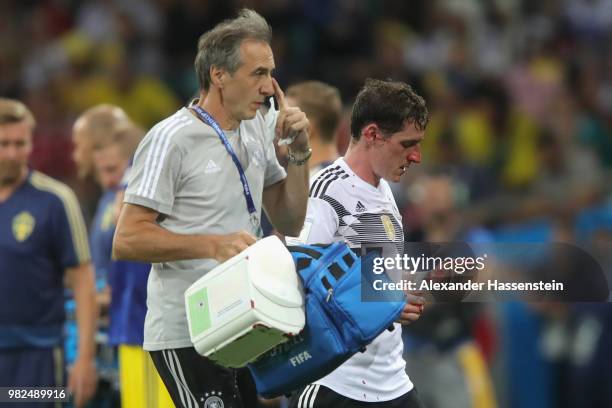 Sebastian Rudy of Germany leaves the pitch following an injury during the 2018 FIFA World Cup Russia group F match between Germany and Sweden at...