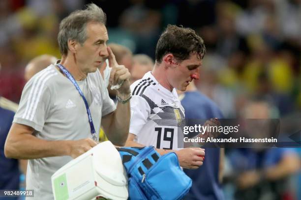 Sebastian Rudy of Germany leaves the pitch following an injury during the 2018 FIFA World Cup Russia group F match between Germany and Sweden at...