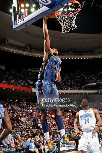 Rudy Gay of the Memphis Grizzlies dunks against the Orlando Magic during the game on April 4, 2010 at Amway Arena in Orlando, Florida. NOTE TO USER:...