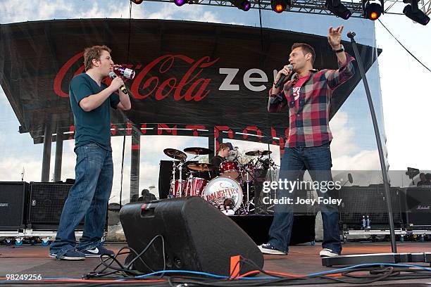 Ryan Seacrest talks with Nick Swardson onstage during day 2 of the free NCAA 2010 Big Dance Concert Series at White River State Park on April 3, 2010...