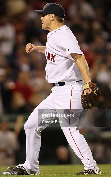 Jonathan Papelbon of the Boston Red Sox celebrates the last out and the win over the New York Yankees on April 4, 2010 during Opening Night at Fenway...