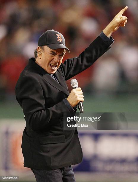 Neil Diamond sings his song "Sweet Caroline" in the eighth inning as the Boston Red Sox play the New York Yankees on April 4, 2010 during Opening...