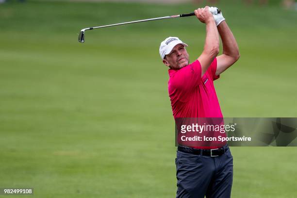 Steve Stricker watches his 2nd shot at the 18th hole during American Family Insurance Championship on June 23rd, 2018 at the University Ridge Golf...