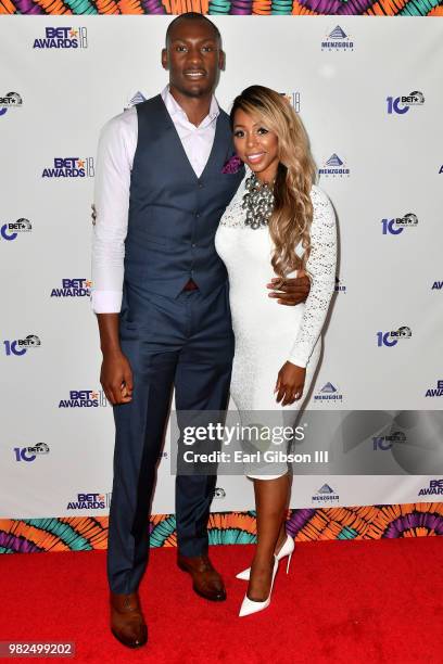 Bismack Biyombo and Ana Ledesma attend the BETX International Nominee Party during the 2018 BET Experience at Hotel Indigo Los Angeles Downtown on...