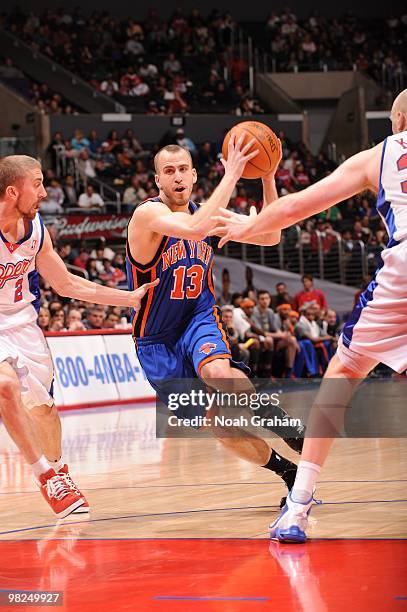 Sergio Rodriguez of the New York Knicks goes to the basket against Steve Blake of the Los Angeles Clippers at Staples Center on April 4, 2010 in Los...