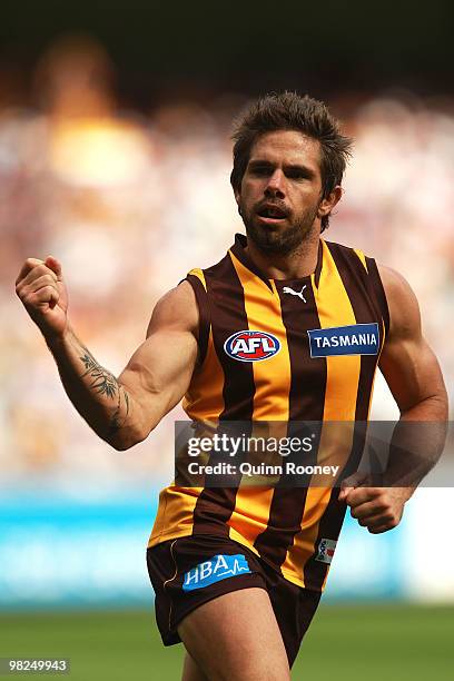 Chance Bateman of the Hawks celebrates a goals during the round two AFL match between the Hawthorn Hawks and the Geelong Cats at Melbourne Cricket...