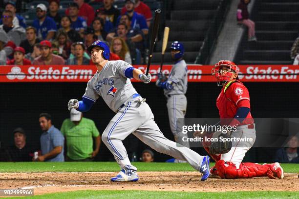 Toronto Blue Jays outfielder Steve Pearce hits a game winning three run home run in the 9th inning during a MLB game between the Toronto Blue Jays...