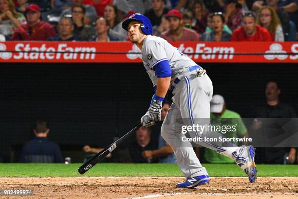 Toronto Blue Jays outfielder Steve Pearce hits a game winning three run home run in the 9th inning during a MLB game between the Toronto Blue Jays...