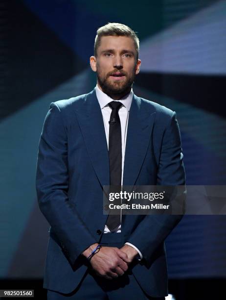 Blake Wheeler of the Winnipeg Jets speaks during the 2018 NHL Awards presented by Hulu at The Joint inside the Hard Rock Hotel & Casino on June 20,...