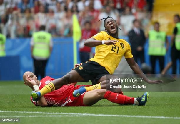 Michy Batshuayi of Belgium, Yohan Benalouane of Tunisia during the 2018 FIFA World Cup Russia group G match between Belgium and Tunisia at Spartak...