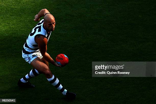 Paul Chapman of the Cats handballs during the round two AFL match between the Hawthorn Hawks and the Geelong Cats at Melbourne Cricket Ground on...