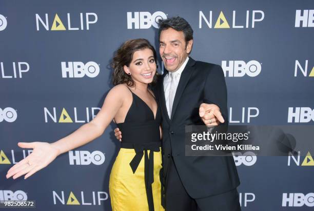 Actors Isabela Moner and Eugenio Derbez attend the NALIP 2018 Latino Media Awards at The Ray Dolby Ballroom at Hollywood & Highland Center on June...
