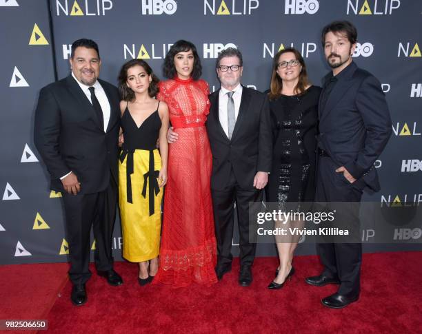 Producer Cris Abrego, actors Isabela Moner, Mishel Prada, musician Gustavo Santaolalla, producer Victoria Alonso and actor Diego Luna attend the...