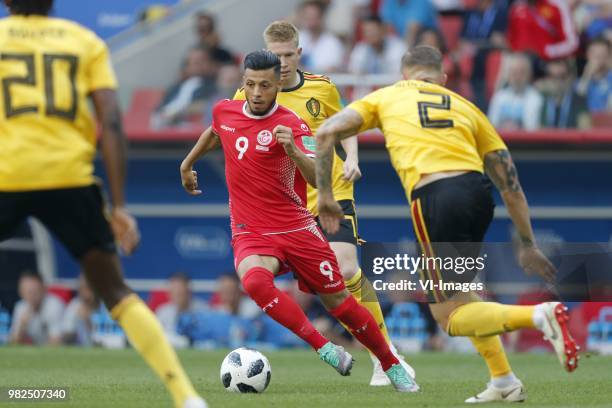 Dedryck Boyata of Belgium, Anice Badri of Tunisia, Kevin De Bruyne of Belgium, Toby Alderweireld of Belgium during the 2018 FIFA World Cup Russia...