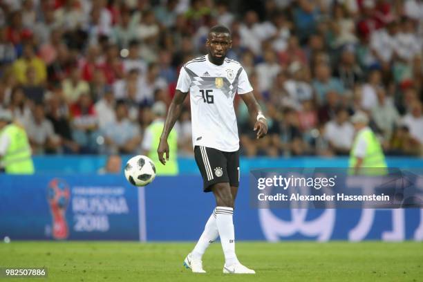 Antonio Ruediger of Germany runs with the ball during the 2018 FIFA World Cup Russia group F match between Germany and Sweden at Fisht Stadium on...