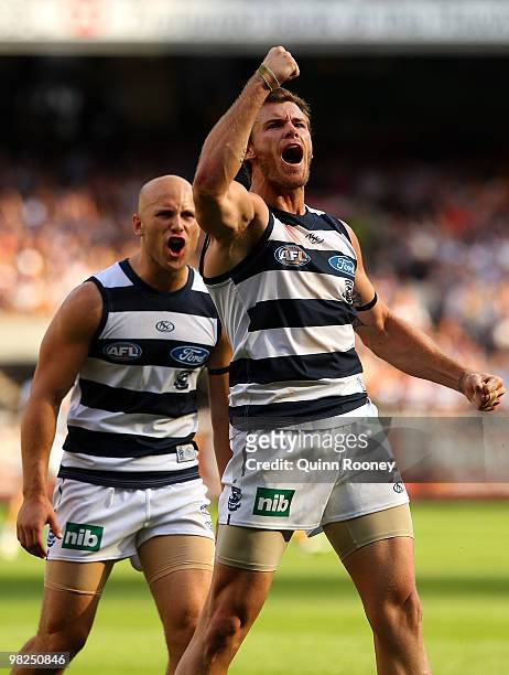Cameron Mooney of the Cats celebrates a goal during the round two AFL match between the Hawthorn Hawks and the Geelong Cats at Melbourne Cricket...