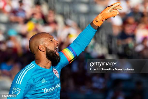 Tim Howard of Colorado Rapids calls to teammates against Minnesota United at Dick's Sporting Goods Park on June 23, 2018 in Commerce City, Colorado.
