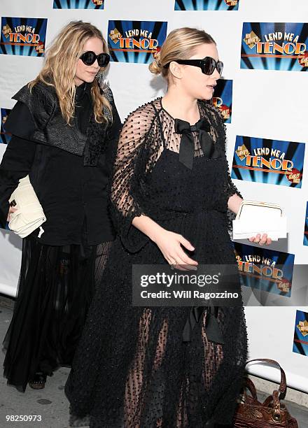 Actresses Mary-Kate Olsen and Ashley Olsen attend the opening of "Lend Me A Tenor" at the Music Box Theatre on April 4, 2010 in New York City.