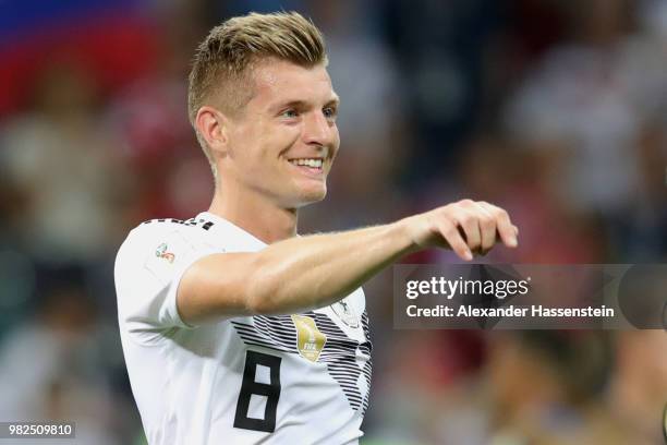 Toni Kroos of Germany smiles after winning the 2018 FIFA World Cup Russia group F match between Germany and Sweden at Fisht Stadium on June 23, 2018...