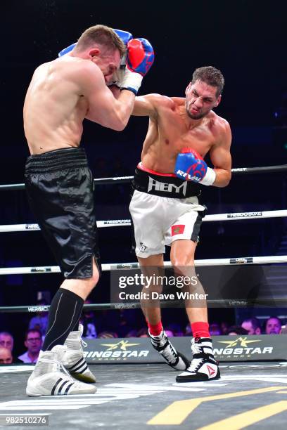 Ahmed El Mousaoui of Morocco beats Alexey Evchenko of Russia during La Conquete Acte 5 boxing event on June 23, 2018 in Paris, France.