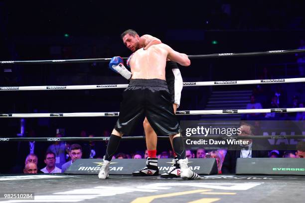 Ahmed El Mousaoui of Morocco beats Alexey Evchenko of Russia during La Conquete Acte 5 boxing event on June 23, 2018 in Paris, France.