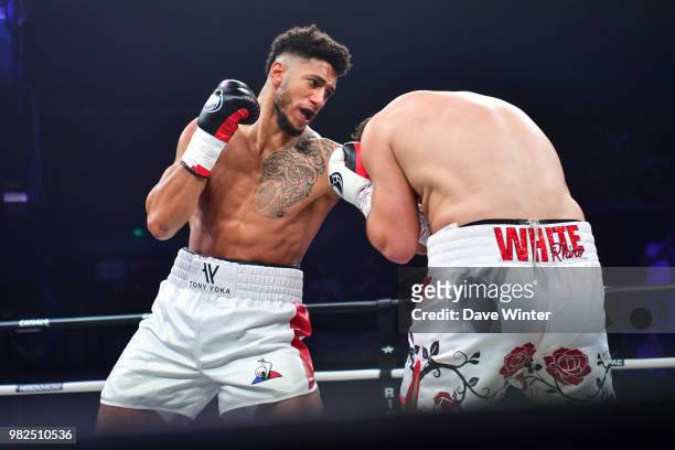 Tony Yoka of France beats Dave Allen of Great Britain during La Conquete Acte 5 boxing event on June 23, 2018 in Paris, France.