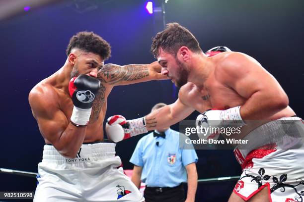 Tony Yoka of France beats Dave Allen of Great Britain during La Conquete Acte 5 boxing event on June 23, 2018 in Paris, France.