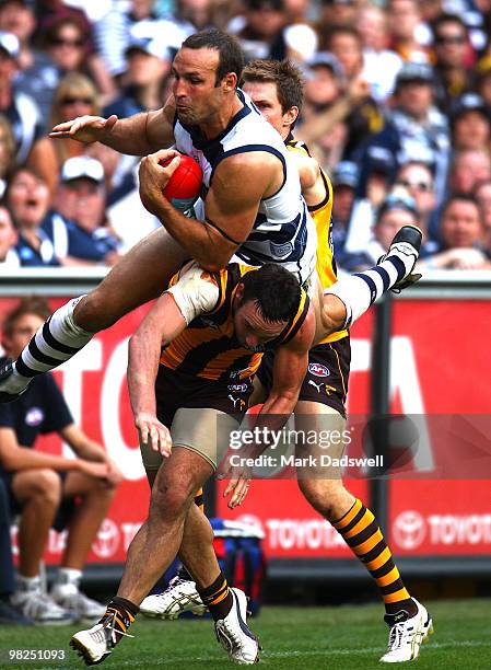 Brad Ottens of the Cats marks over Brent Guerra of the Hawks during the round two AFL match between the Hawthorn Hawks and the Geelong Cats at...
