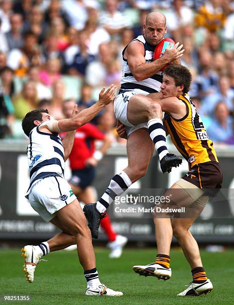 Paul Chapman of the Cats marks during the round two AFL match between the Hawthorn Hawks and the Geelong Cats at Melbourne Cricket Ground on April 5,...