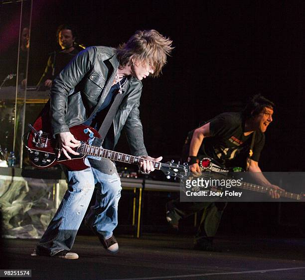 John Rzeznik and Robby Takac of Goo Goo Dolls performs during day 3 of the free NCAA 2010 Big Dance Concert Series at White River State Park on April...